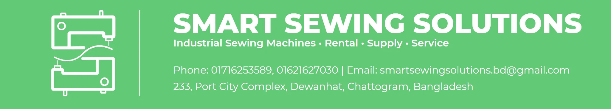 Smart Sewing Solutions banner with rental, supply and service contact details